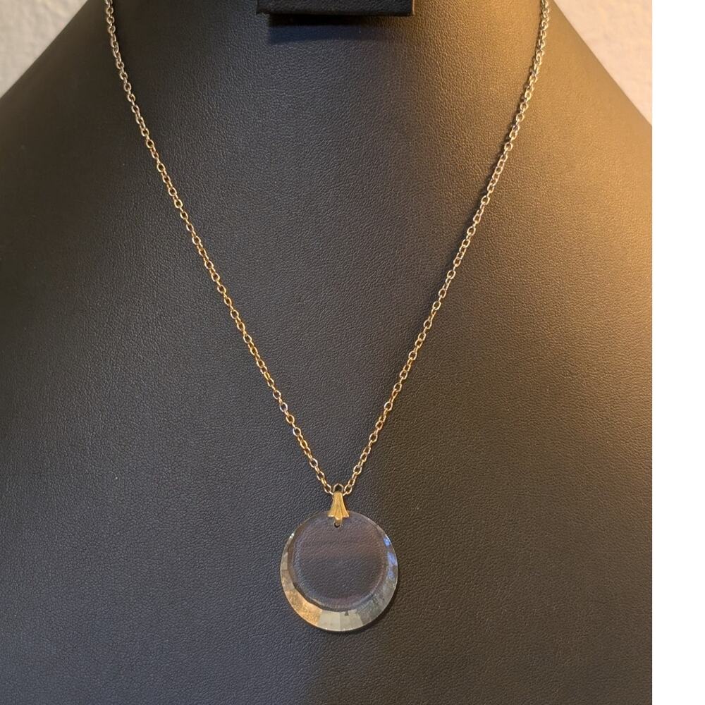 Vintage 18KGP Silver Beveled Edge Round Glass Pendant Chain 18" Necklace